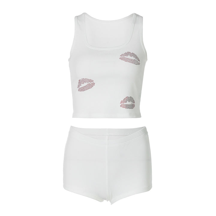 Damen Sportliches Set mit Einzelne Partien und funkelnden Lippenmotiven Drune