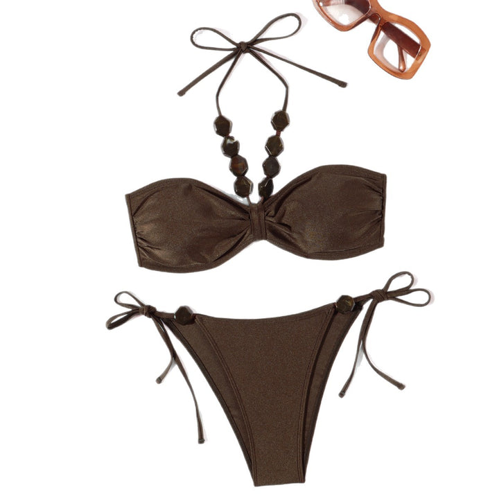 Damen Eleganter Bandeau-Bikini mit dekorativen Perlen Drune