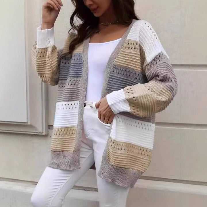 Damen Großer Strickcardigan mit einzigartigem Lochmuster und Farbblockdesign Drune