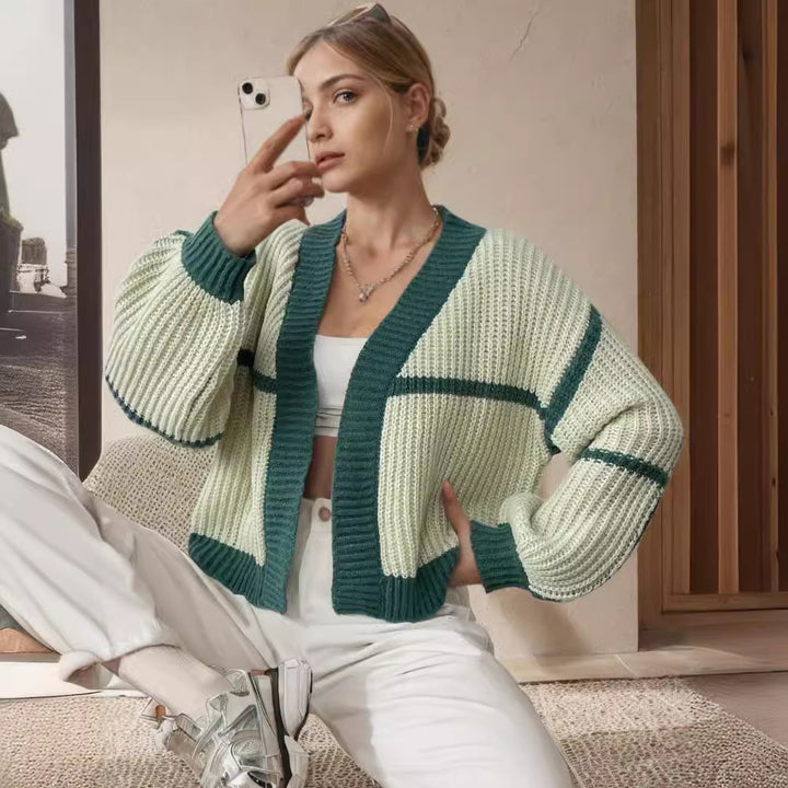 Damen lässiger Strickcardigan mit modernem Blockstreifenmuster Drune