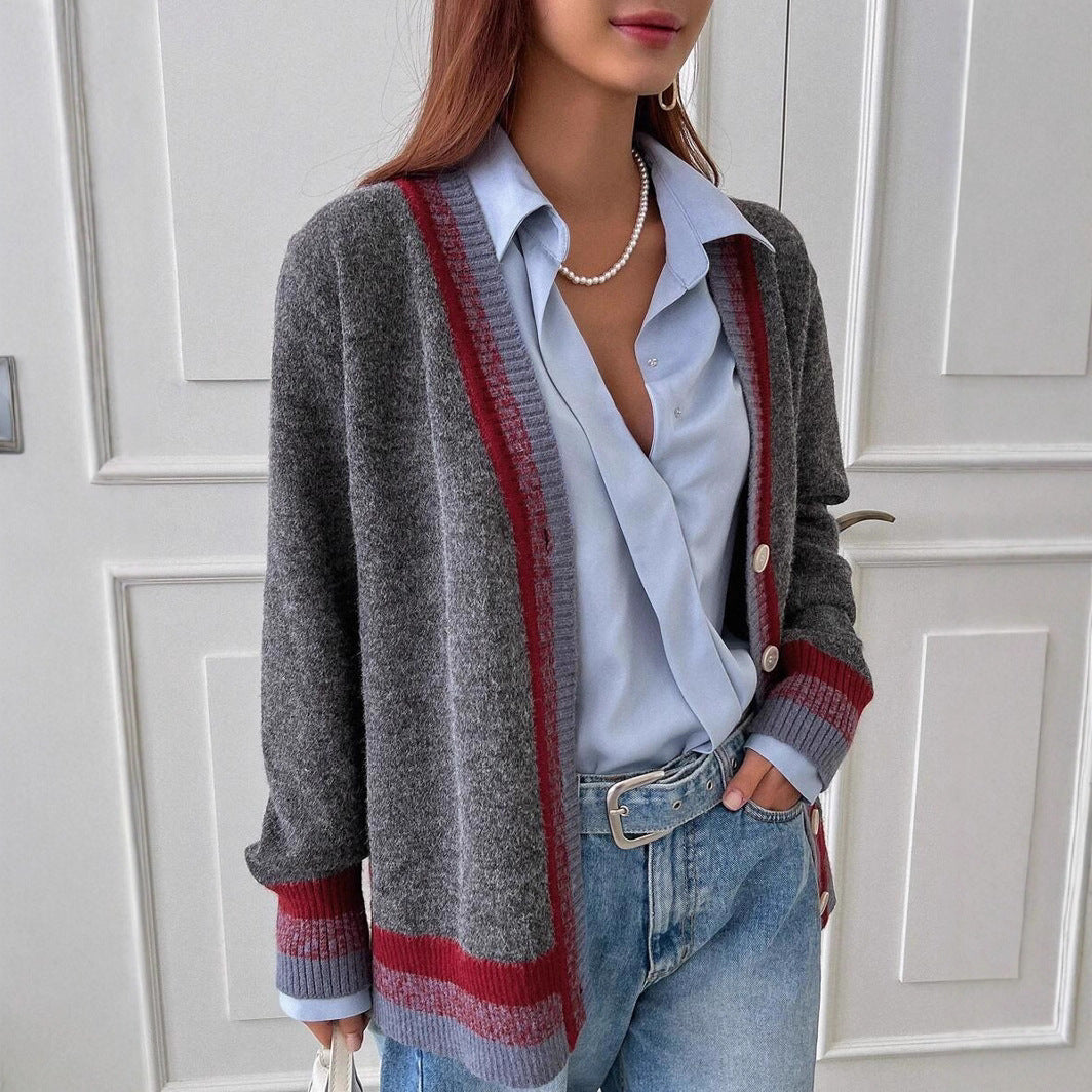 Damen modische Strickjacke mit kontrastierenden Absetzungen und klassischen Knopfdetails Drune