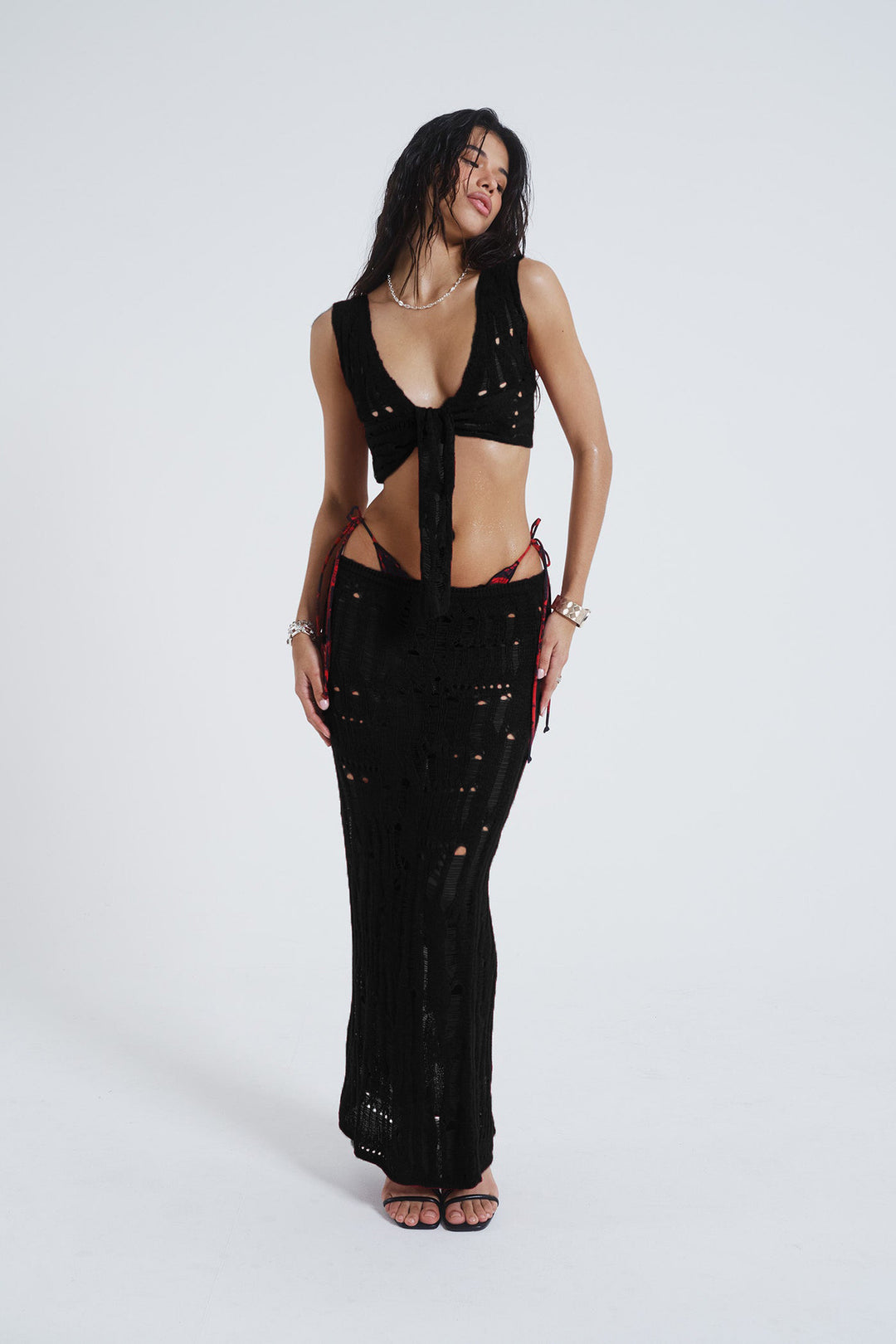 Damen gehäkeltes Strandkleid und Crop-Top Set mit tiefem Ausschnitt Drune