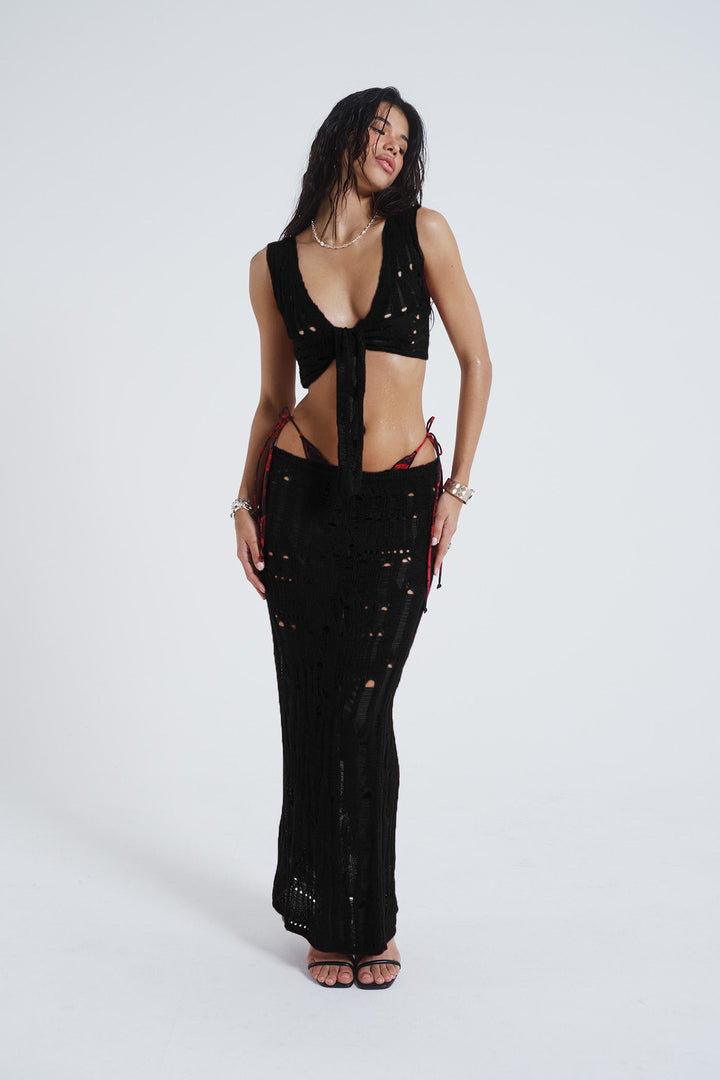 Damen gehäkeltes Strandkleid und Crop-Top Set mit tiefem Ausschnitt Drune
