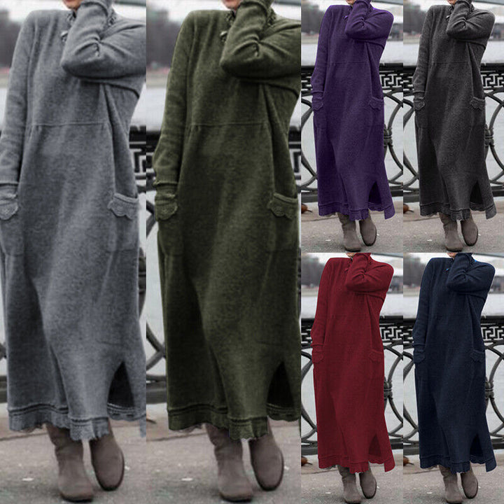 Damen nan langes Strickmaxikleid mit Seitenschlitzen und aufgesetzten Taschen Drune