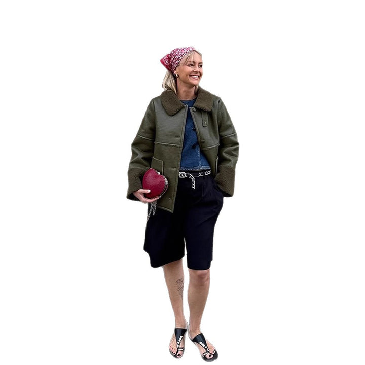 Damen Kunstlederjacke mit flauschigem Kragen und praktischen Taschen Drune