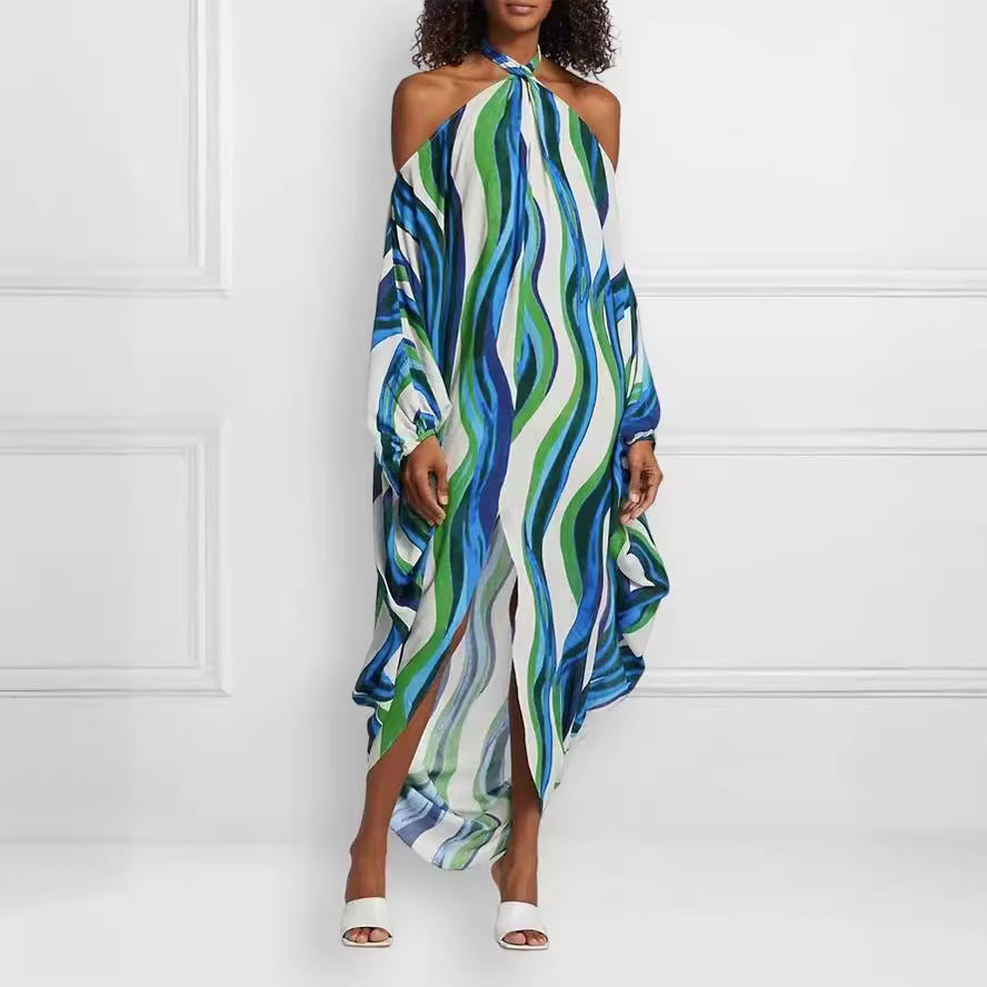 Damen Maxikleid mit asymmetrischem Saum und modischen Streifen Drune