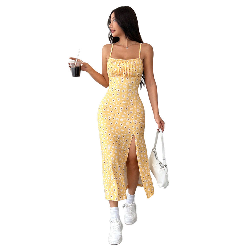 Damen Midikleid mit blumigem Druck und hohem Schlitz Drune