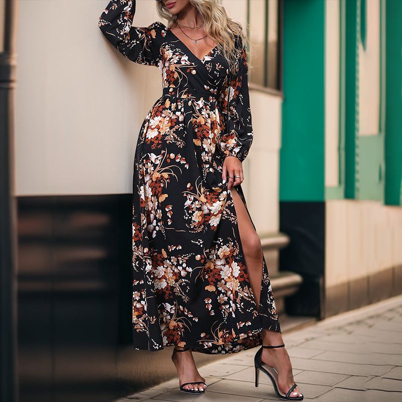 Damen Maxikleid mit floralem Design und schickem Schlitz Drune