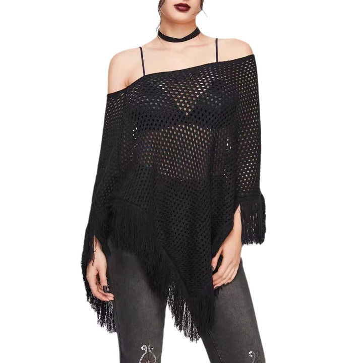Damen Transparente Netz Poncho mit Fransen Drune