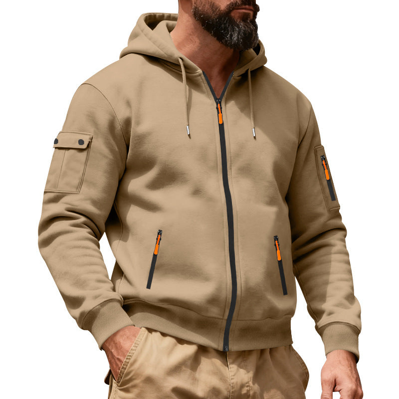 Herren nan Utility-Kapuzenjacke mit durchgehendem Reißverschluss, Arm-Cargo-Taschen und elastischen Bündchen Drune