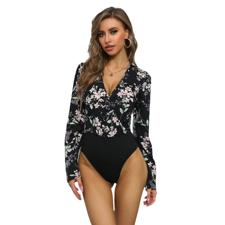 Damen Bluse mit floralem Muster und tiefem V-Ausschnitt Drune