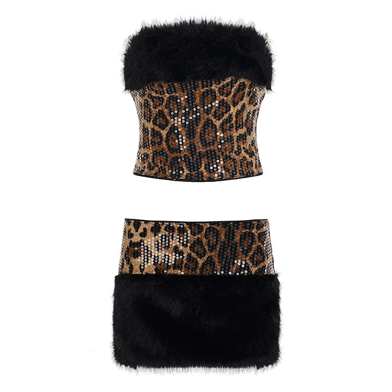 Damen Glamouröses Set mit Pailletten und Kunstfell Drune