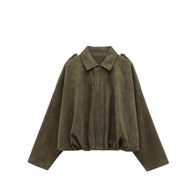Damen lässige Kunstlederjacke mit elastischem Bund und praktischen Druckknöpfen Drune