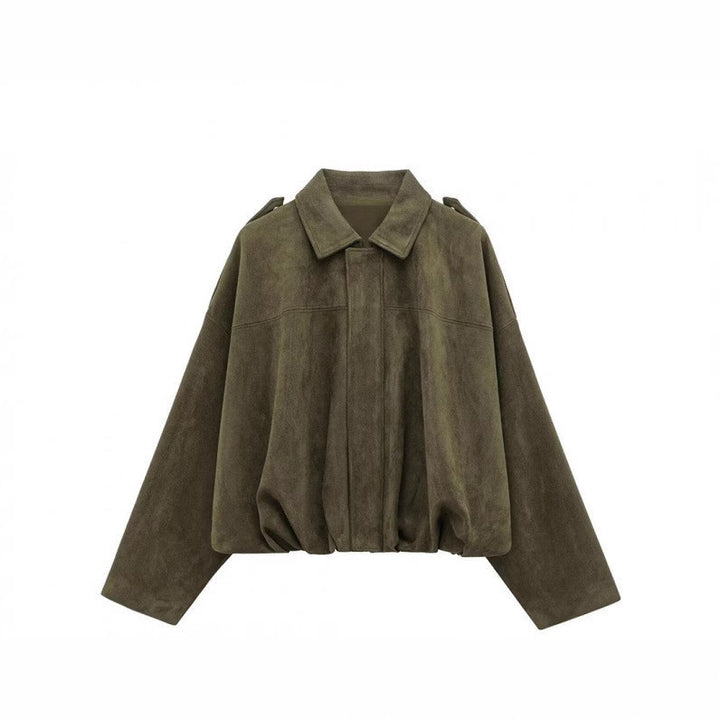 Damen lässige Kunstlederjacke mit elastischem Bund und praktischen Druckknöpfen Drune