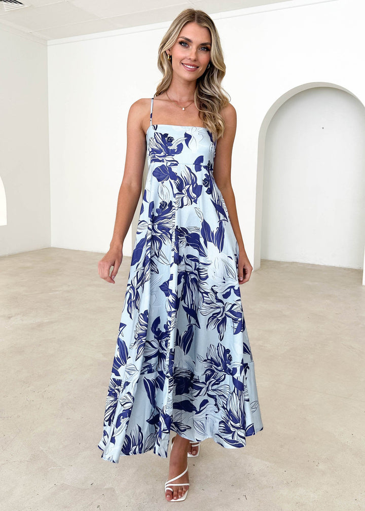 Damen Maxikleid mit modernen grafischen Mustern und dünnen Trägern Drune