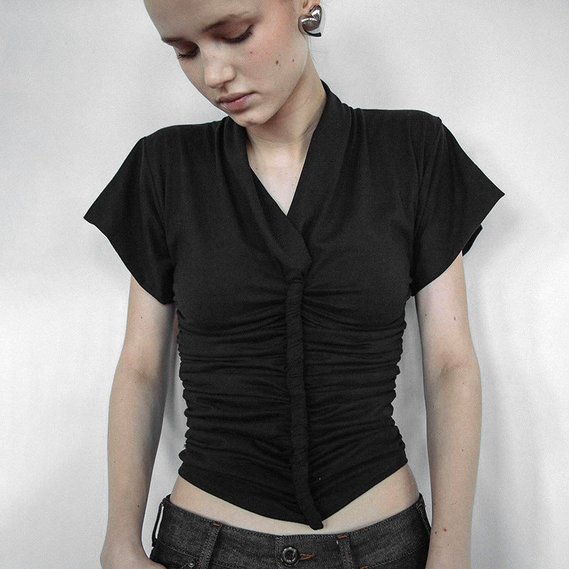 Damen elegantes Kurzarmoberteil mit figurbetonter Raffung Drune