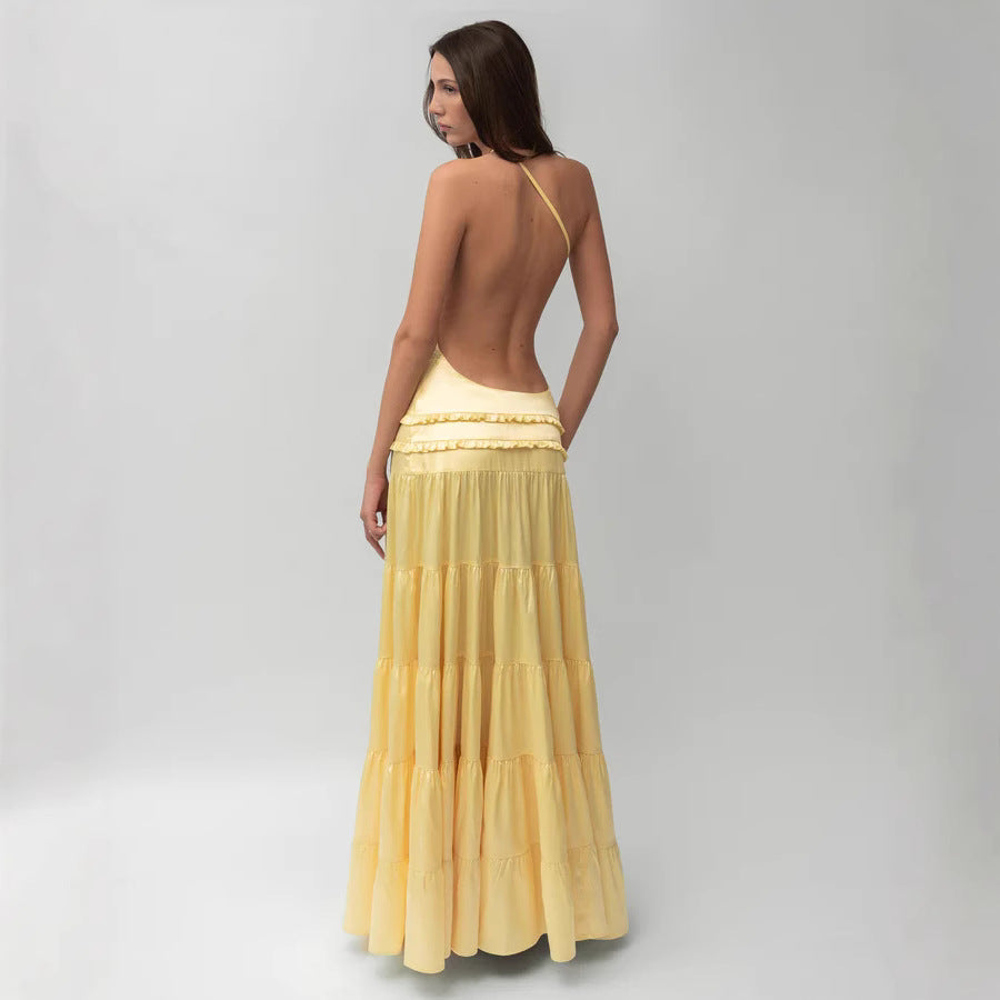 Damen elegantes asymmetrisches Maxikleid mit Rüschendetails Drune