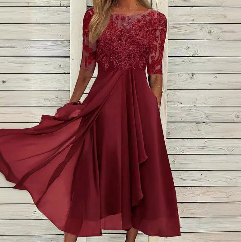 Damen nan elegantes Cocktailkleid mit bestickter Korsage, U-Boot-Ausschnitt und fließendem Chiffonrock Drune