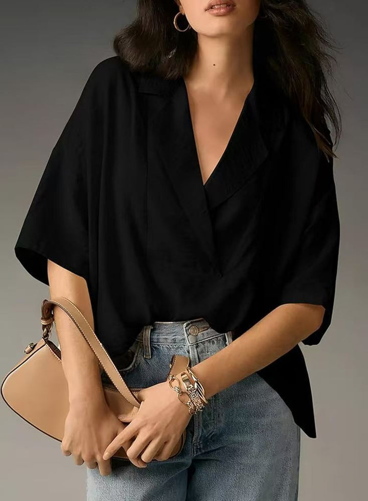 Damen lockeres Oversize-Blusenoberteil mit elegantem Kragen und V-Ausschnitt Drune