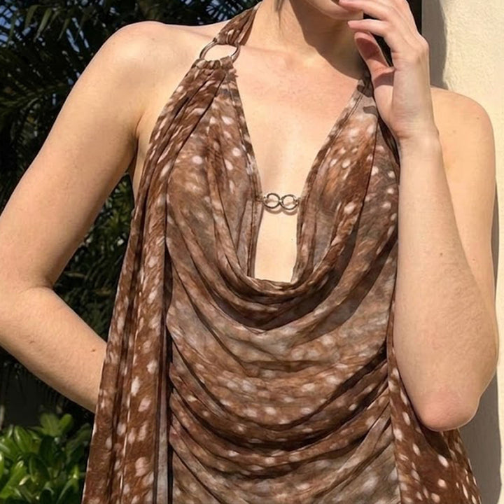 Damen Schicke Halterneck Bluse mit Drapierung Drune