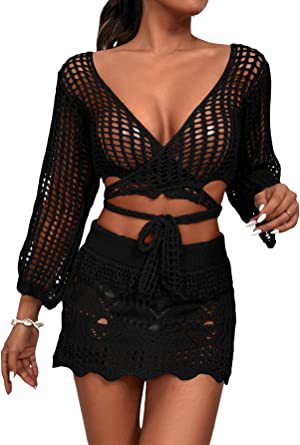 Damen gehäkeltes Crop-Top und Minirock-Set mit eleganten Binde-Details Drune
