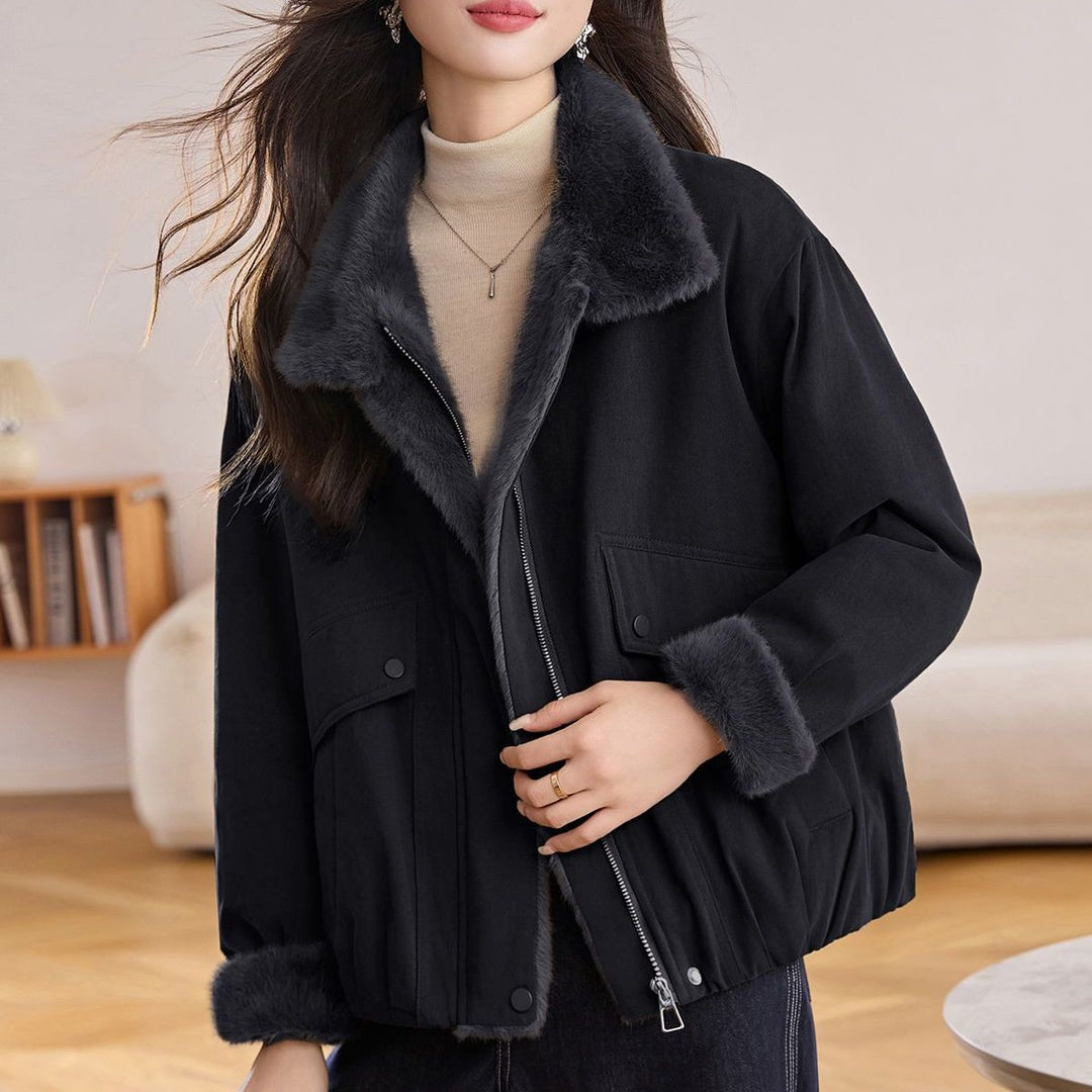 Damen warme Steppjacke mit flauschigem Kragen und praktischen Taschen Drune