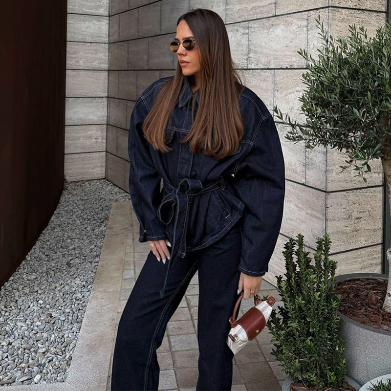 Damen weite Jeans mit hochtailliertem Schnitt und klassischen Taschen Drune