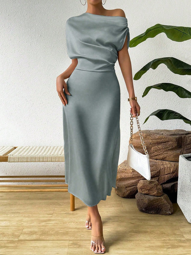 Damen Elegantes Wickelkleid mit asymmetrischem Oberteil und fließendem Schnitt Drune