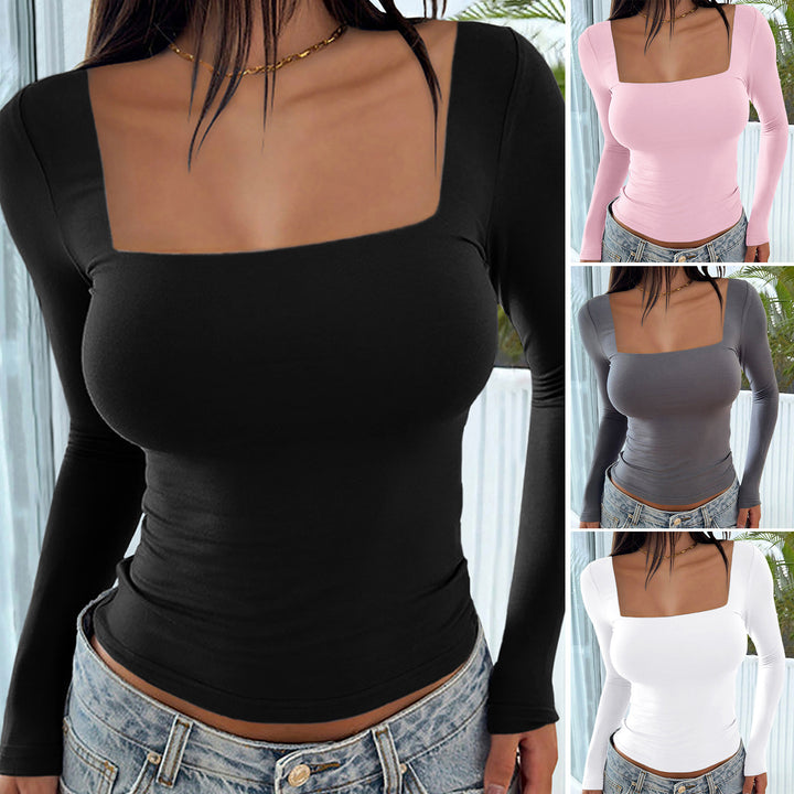 Damen figurbetontes Langarmshirt mit quadratischem Ausschnitt und Raffung Drune