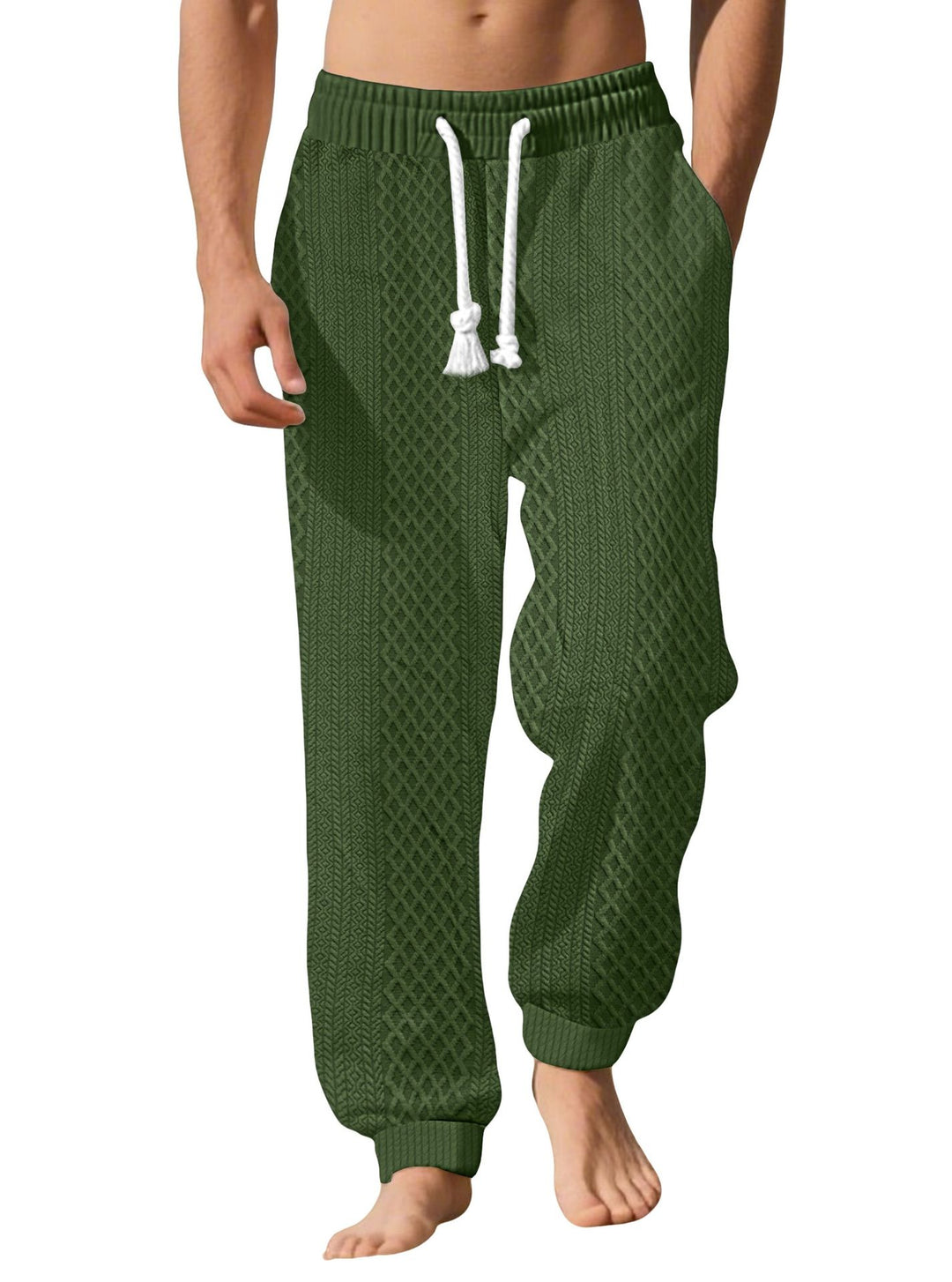Herren nan gestrickte Wohlfühlhose mit Zopfstruktur, elastischem Bund, Kordelzug und Eingrifftaschen Drune