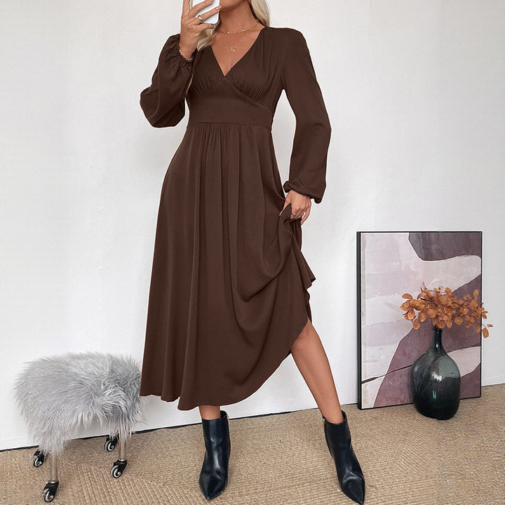 Damen Maxi-Kleid mit V-Ausschnitt und Ballonärmeln Drune