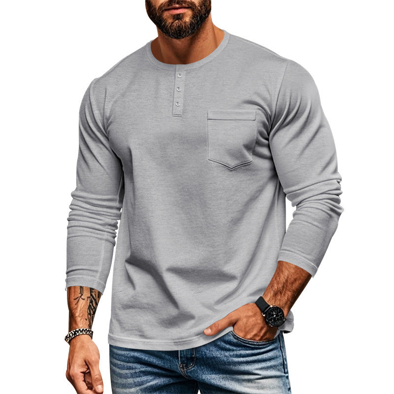Herren nan figurbetontes Henley-Langarmshirt mit Brusttasche und feinem Stretchjersey Drune