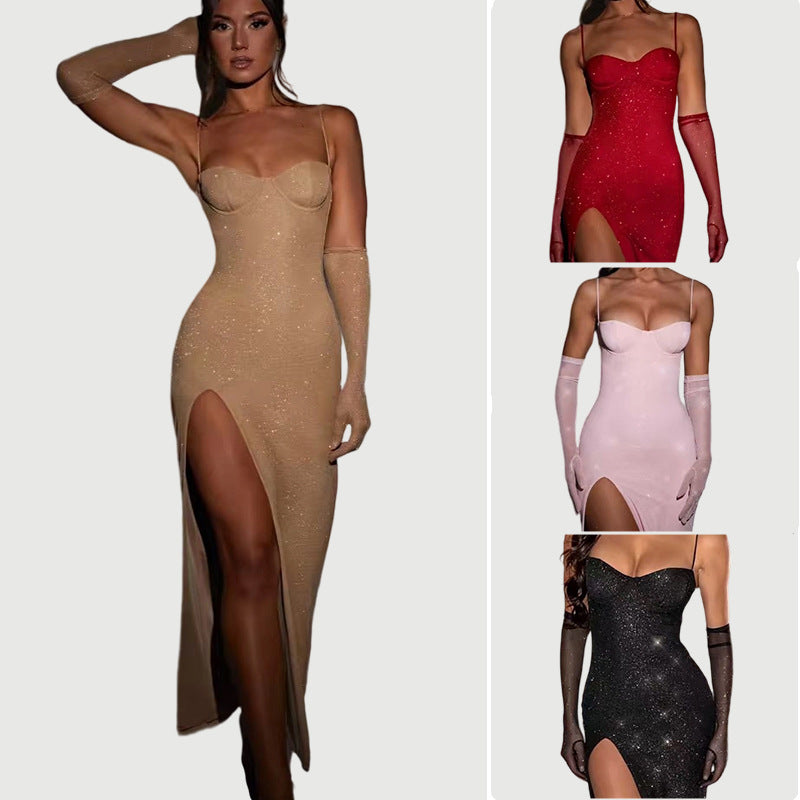 Damen Glamouröses Maxikleid mit transparenten Ärmeln und figurbetontem Schnitt Drune