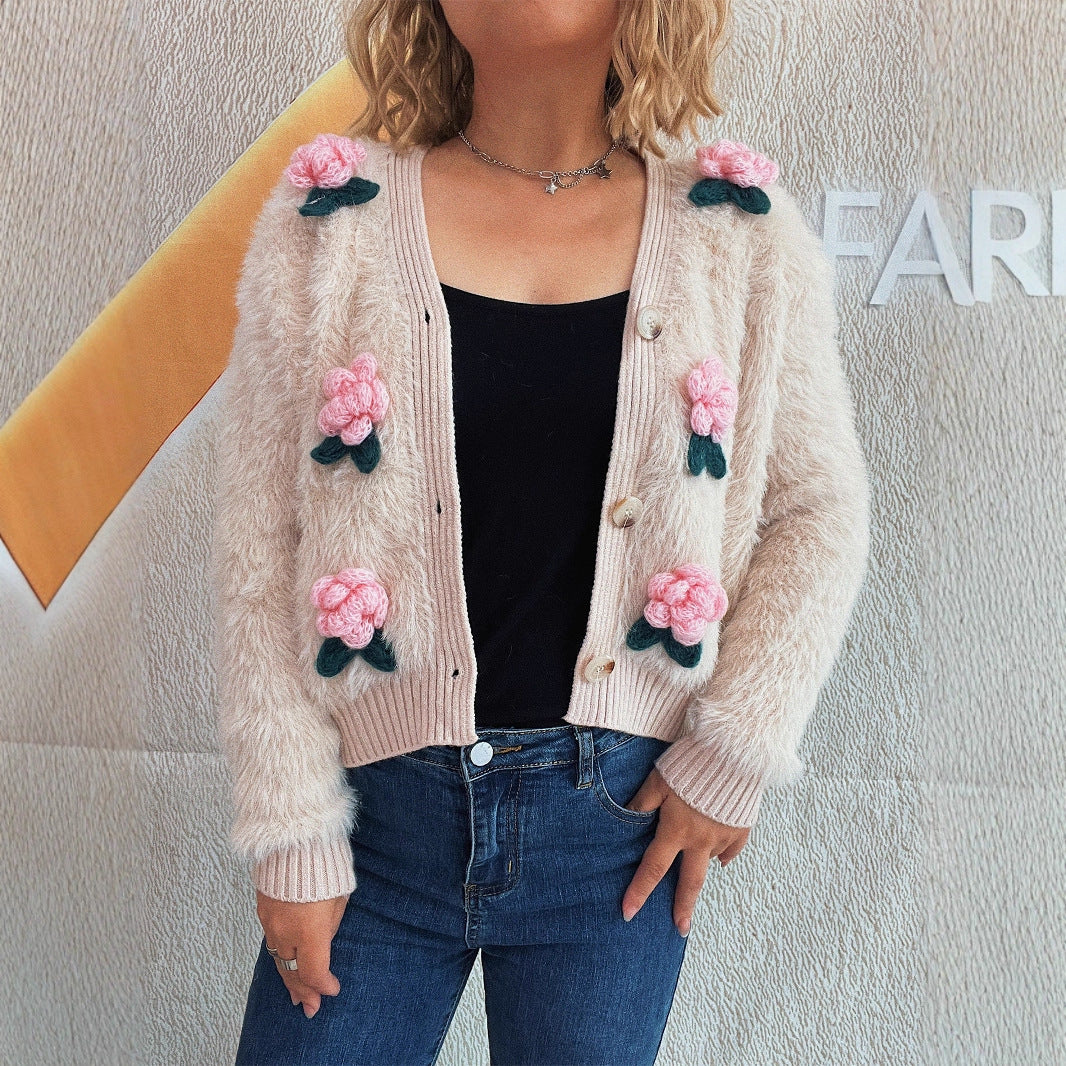 Damen Strickjacke mit floralen Applikationen und weichem Material Drune