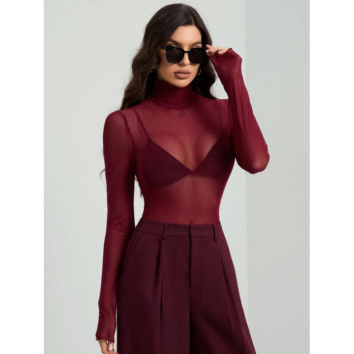 Damen Elegantes langärmliges transparentes Oberteil mit hohem Kragen Drune