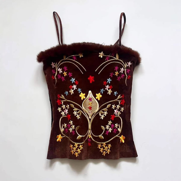 Damen Samt-Blusentop mit floralen Stickereien Drune