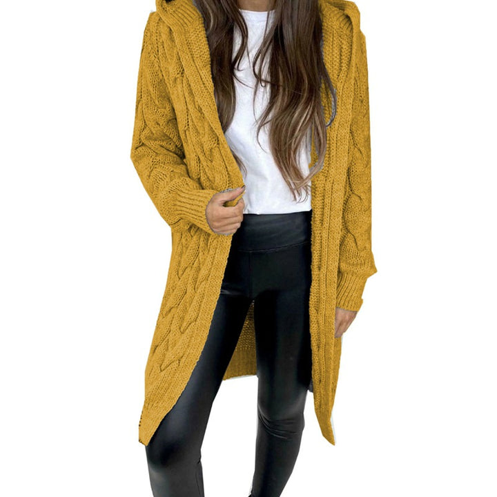 Damen lange Strickjacke mit Kapuze und Zopfdesign Drune