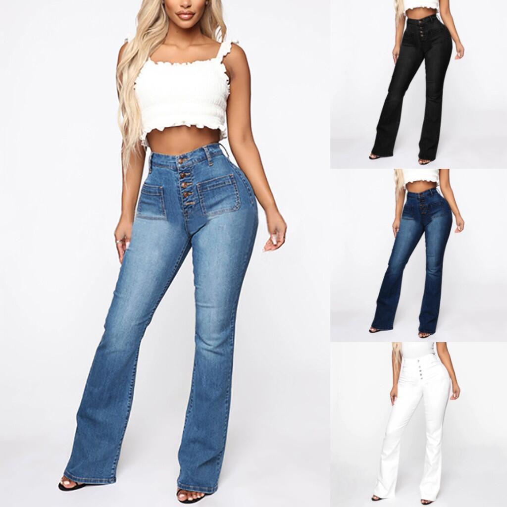 Damen nan High-Waist Schlaghose mit sichtbarer Knopfleiste und aufgesetzten Fronttaschen Drune