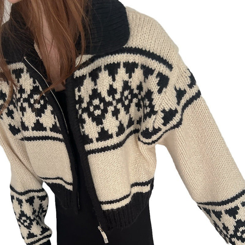 Damen Strickjacke mit floralem Muster und komfortablem Stehkragen Drune