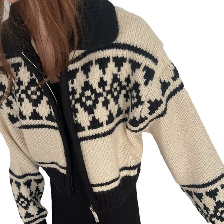 Damen Strickjacke mit floralem Muster und komfortablem Stehkragen Drune