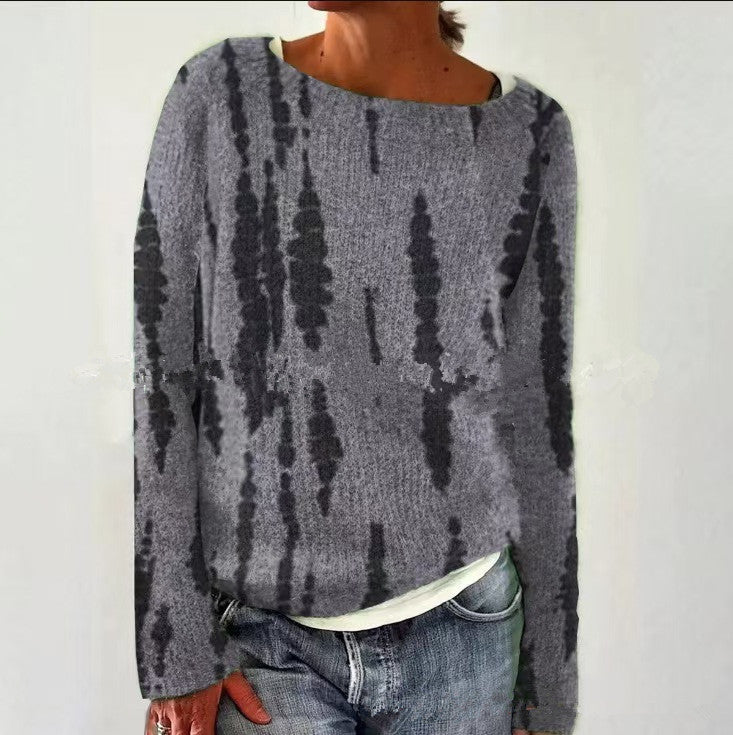 Damen nan melierter Rundhalsausschnittpullover mit kreisförmigem Jacquard-Yoke und geripptem Saum Drune