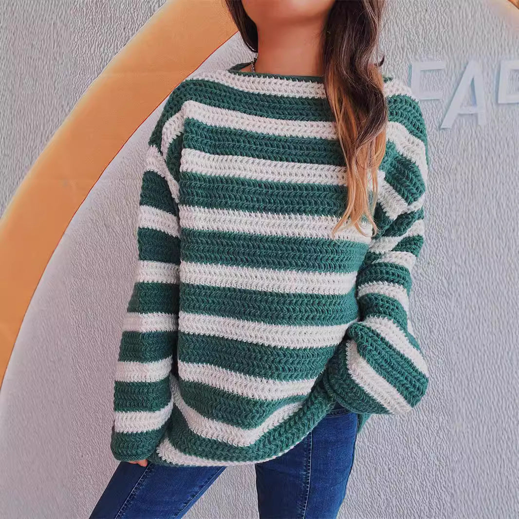 Damen lässiger Grobstrickpullover mit gestreiftem Design Drune