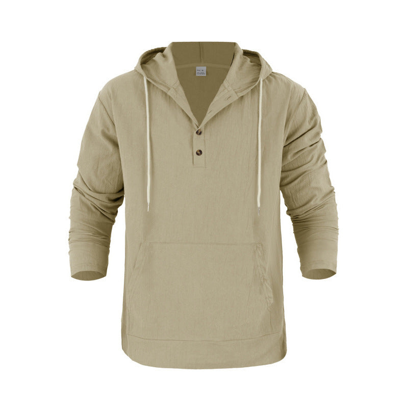 Herren nan Leinenoptik Henley-Kapuzenpullover mit Knopfleiste und Kängurutasche Drune