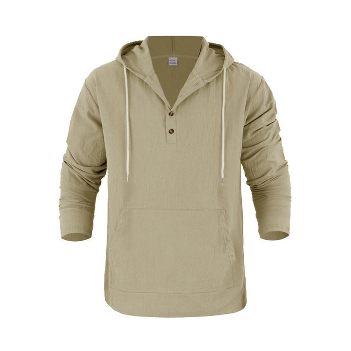 Herren nan Leinenoptik Henley-Kapuzenpullover mit Knopfleiste und Kängurutasche Drune