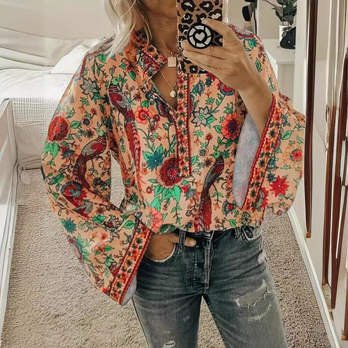 Damen Bluse mit floralem Muster und weitem Ärmel Drune