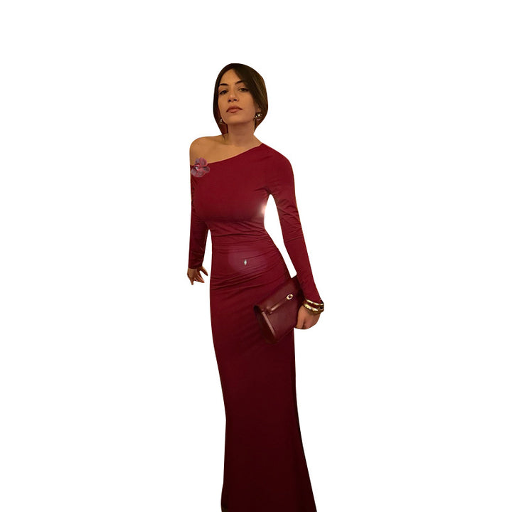 Damen elegantes langärmeliges Abendkleid mit asymmetrischem Ausschnitt und figurformendem Design Drune