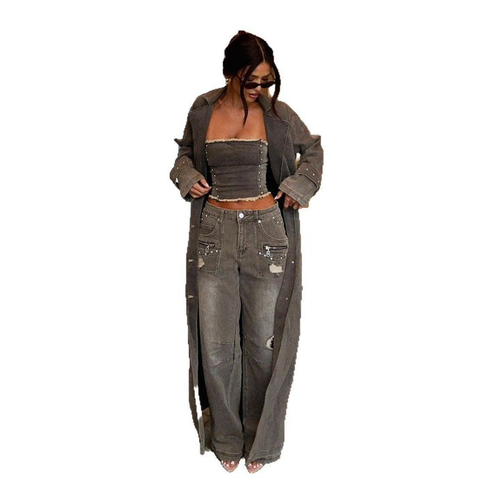 Damen Crop-Top und weiter Jeans mit dekorativen Akzenten Drune