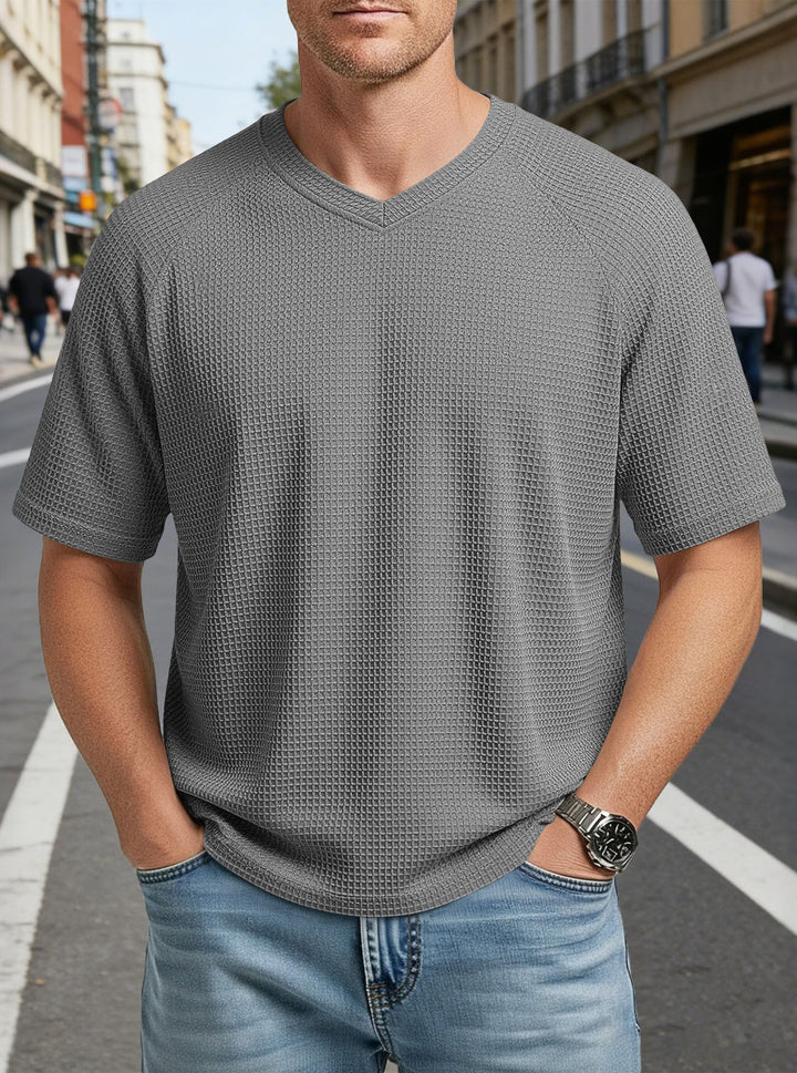 Herren nan lässiges V-Ausschnitt Waffelstrick-T-Shirt aus atmungsaktivem Baumwollmix Drune