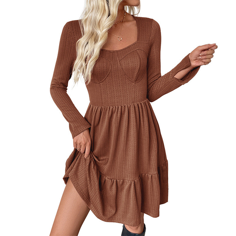 Damen lässiges Langarmkleid mit tailliertem Oberteil und voluminösem Rock Drune