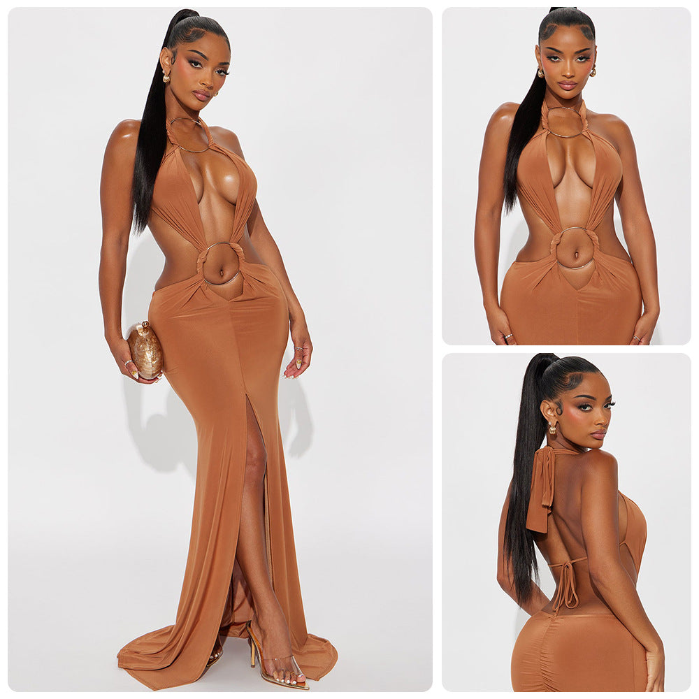 Damen aufregendes Maxikleid mit tiefem V-Ausschnitt und eleganten Raffungselementen Drune